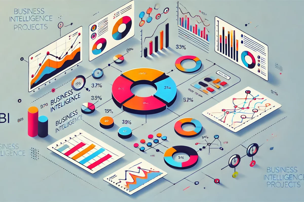 DALL·E 2024-10-08 11.23.16 - A minimalist and colorful visual representation of Business Intelligence (BI) projects, without any words. The image should include simple, clean grap