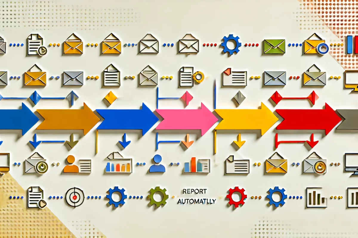 DALL·E 2024-10-08 11.30.48 - A minimalist and colorful visual representation of automation, without any words. The image should feature more arrows, gears, and icons such as email